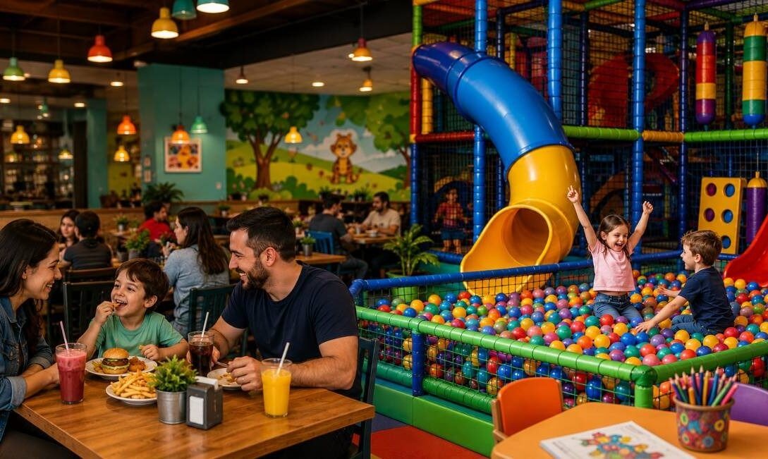 Espaço kids com escorregador ao lado das mesas de um restaurante